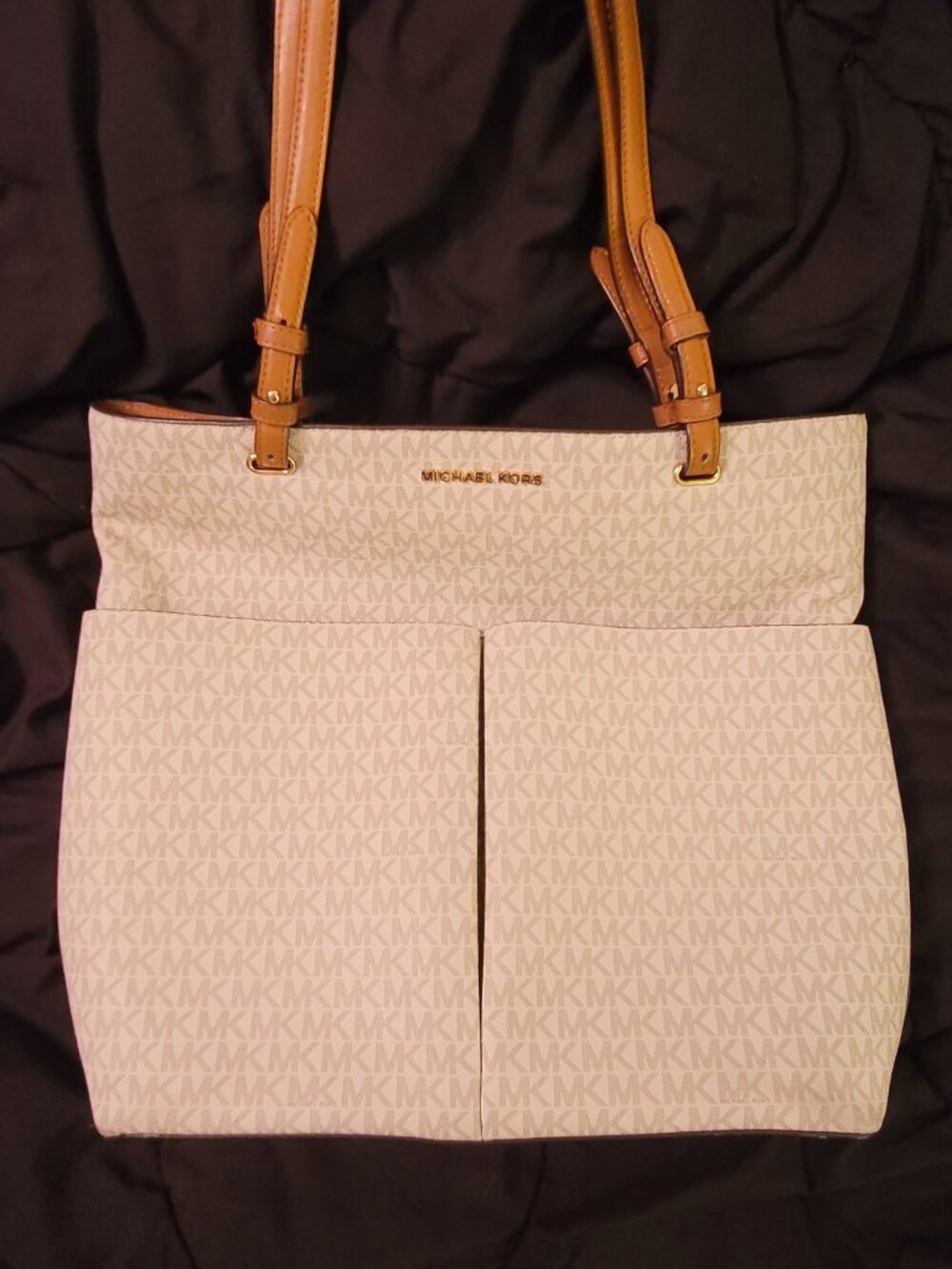 Michael Kors Large Jet Set Tote – Signature MK Print – Tan Leather Straps